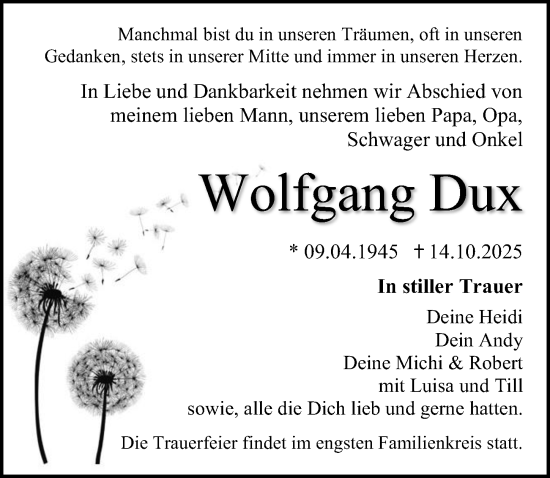Traueranzeige von Wolfgang Dux von Ostsee-Zeitung GmbH