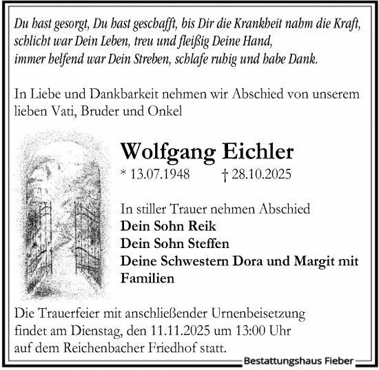 Traueranzeige von Wolfgang Eichler von Sächsische Zeitung