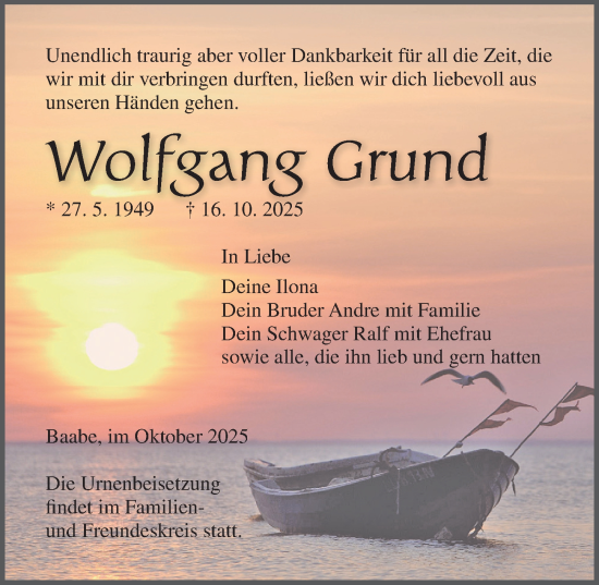 Traueranzeige von Wolfgang Grund von Ostsee-Zeitung GmbH