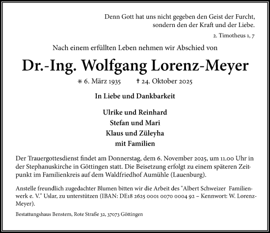 Traueranzeige von Wolfgang Lorenz-Meyer von Göttinger Tageblatt