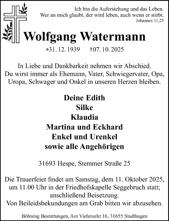 Traueranzeige von Wolfgang Watermann von Schaumburger Nachrichten