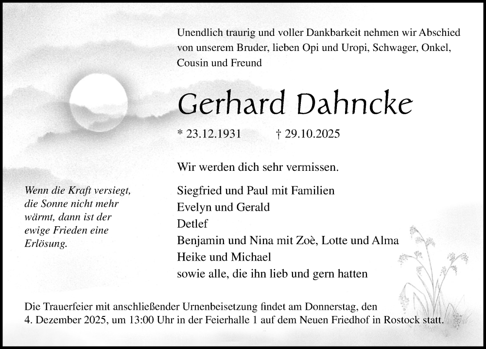  Traueranzeige für Gerhard Dahncke  vom 08.11.2025 aus Ostsee-Zeitung GmbH & Co. KG