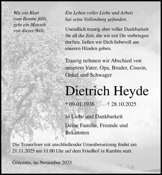 Traueranzeige von Dietrich Heyde von Ostsee Zeitung