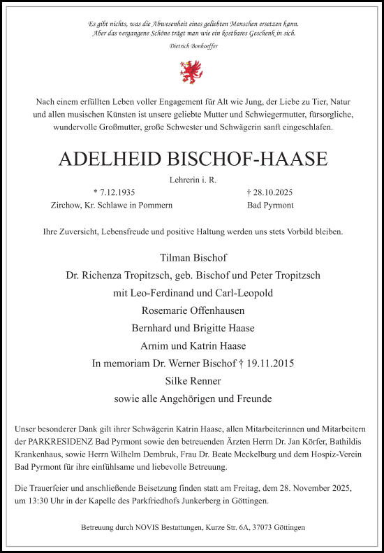 Traueranzeige von Adelheid Bischof-Haase von Göttinger Tageblatt