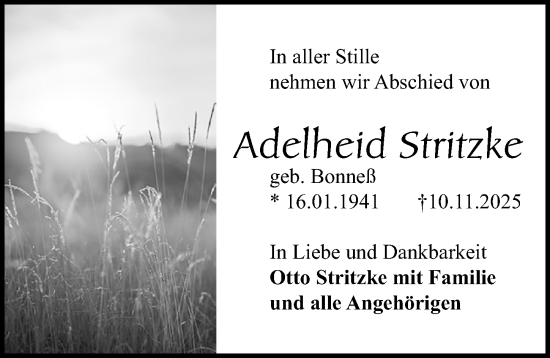 Traueranzeige von Adelheid Stritzke von Lübecker Nachrichten