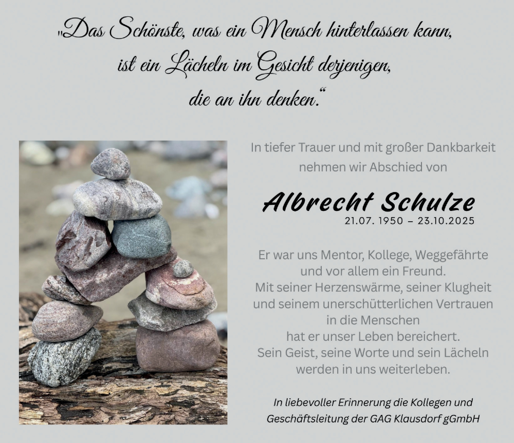  Traueranzeige für Albrecht Schulze vom 08.11.2025 aus Märkischen Allgemeine Zeitung