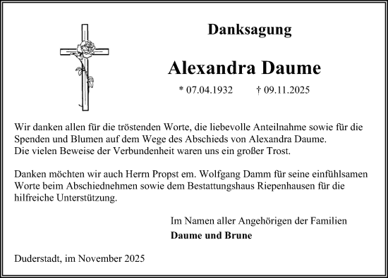 Traueranzeige von Alexandra Daume von Eichsfelder Tageblatt