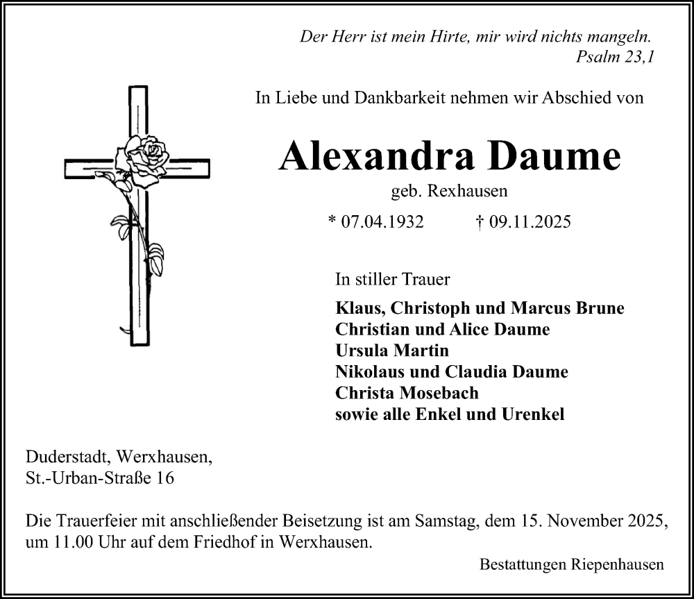  Traueranzeige für Alexandra Daume vom 13.11.2025 aus Eichsfelder Tageblatt