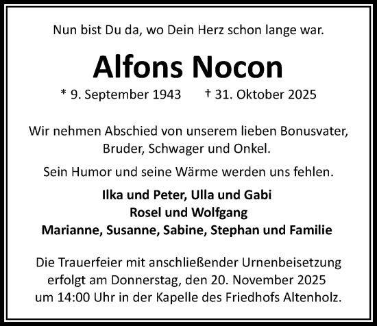 Traueranzeige von Alfons Nocon von Kieler Nachrichten