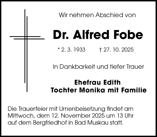 Traueranzeige von Alfred Fobe von Sächsische Zeitung