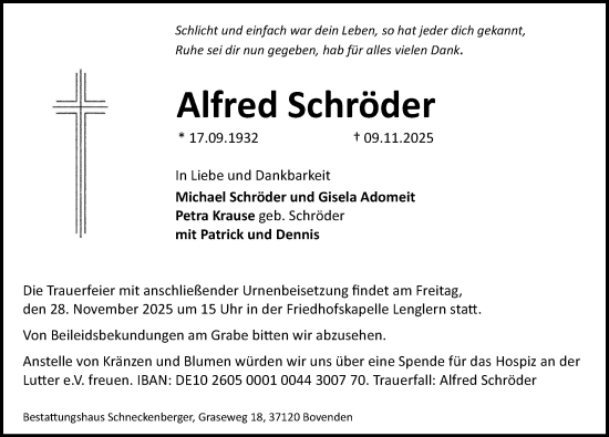 Traueranzeige von Alfred Schröder von Göttinger Tageblatt