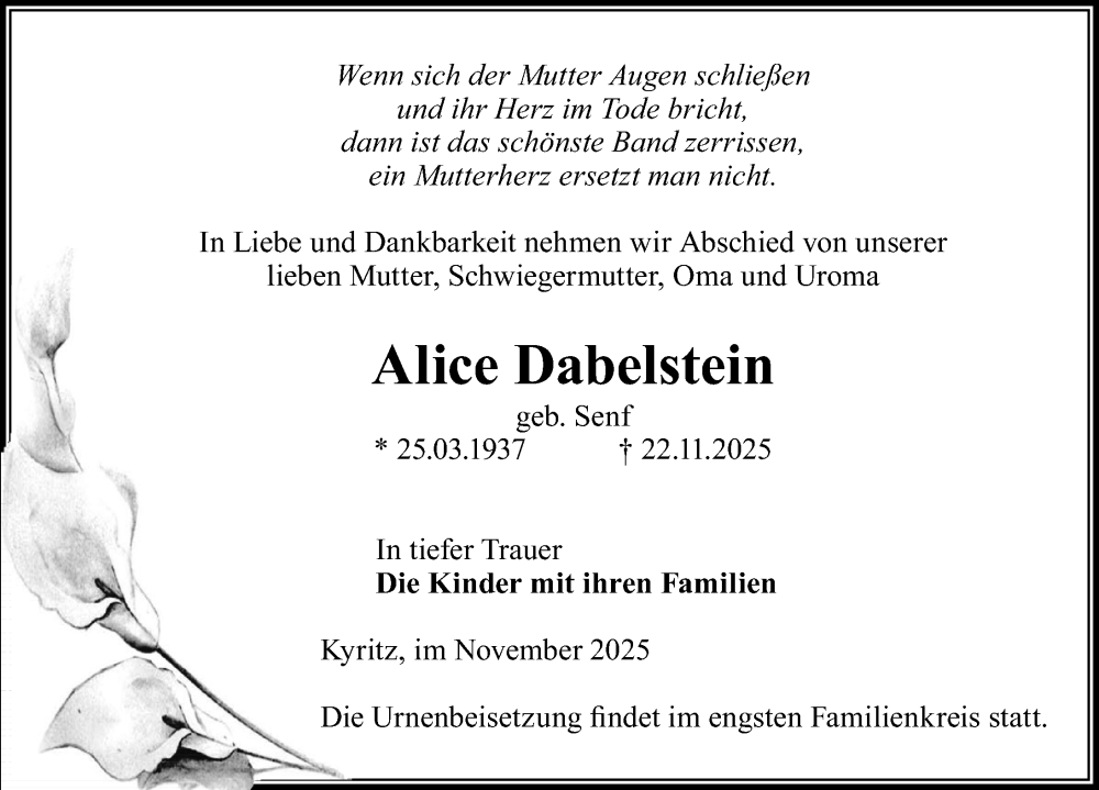  Traueranzeige für Alice Dabelstein vom 29.11.2025 aus Wochenspiegel