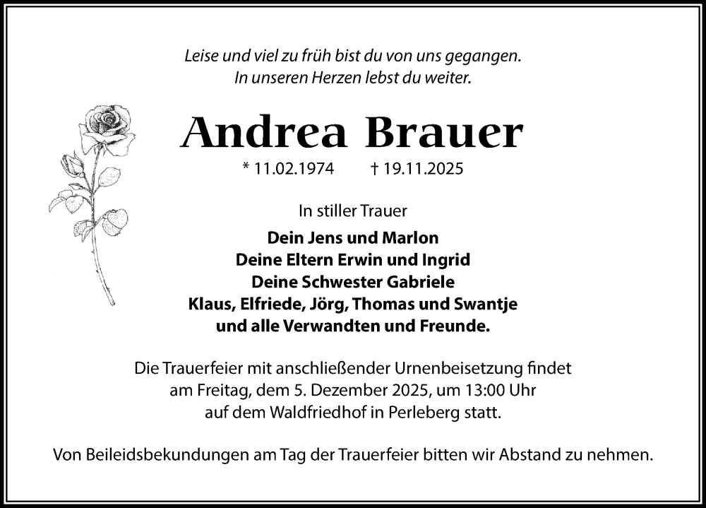  Traueranzeige für Andrea Brauer vom 29.11.2025 aus Wochenspiegel