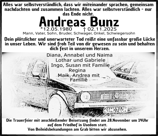Traueranzeige von Andreas Bunz von Ostsee-Zeitung GmbH