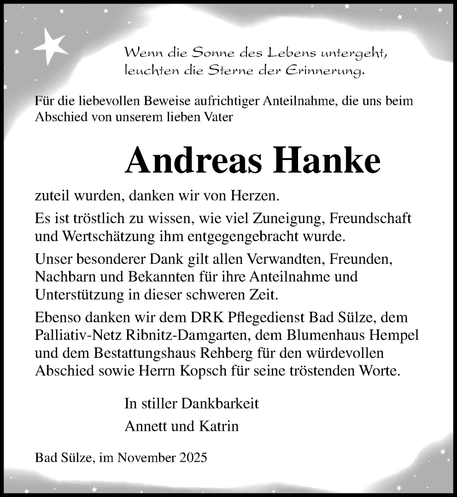  Traueranzeige für Andreas Hanke vom 08.11.2025 aus Ostsee-Zeitung GmbH