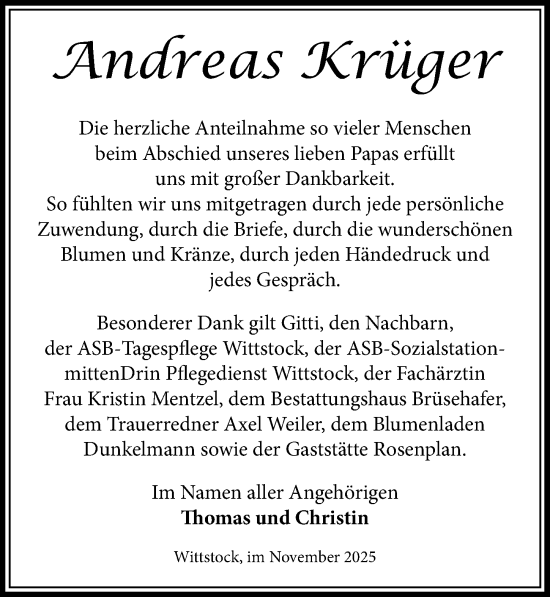 Traueranzeige von Andreas Krüger von Wochenspiegel