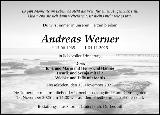 Traueranzeige von Andreas Werner von Eichsfelder Tageblatt