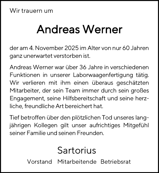 Traueranzeige von Andreas Werner von Göttinger Tageblatt