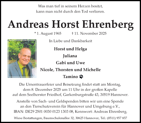 Traueranzeige von Andreas Horst Ehrenberg von Hannoversche Allgemeine Zeitung/Neue Presse