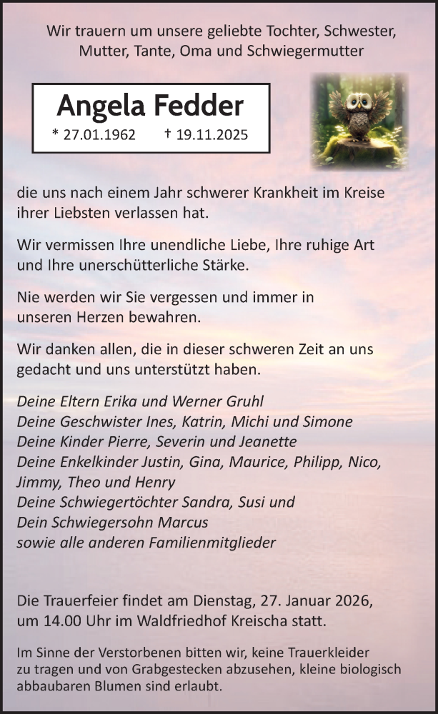  Traueranzeige für Angela Fedder vom 29.11.2025 aus Sächsische Zeitung