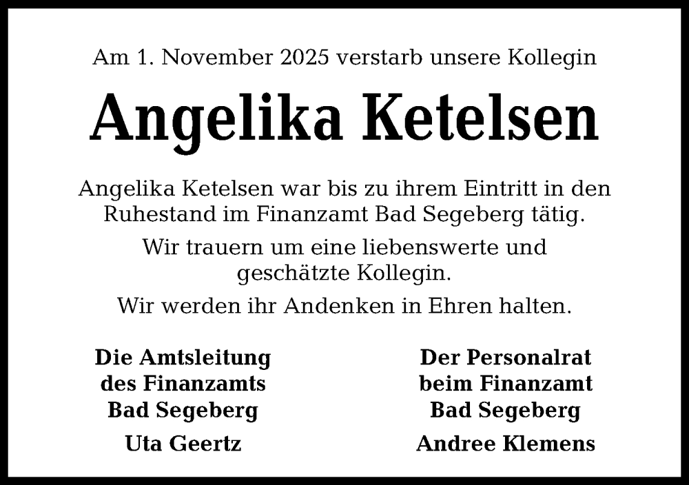  Traueranzeige für Angelika Ketelsen vom 15.11.2025 aus Kieler Nachrichten