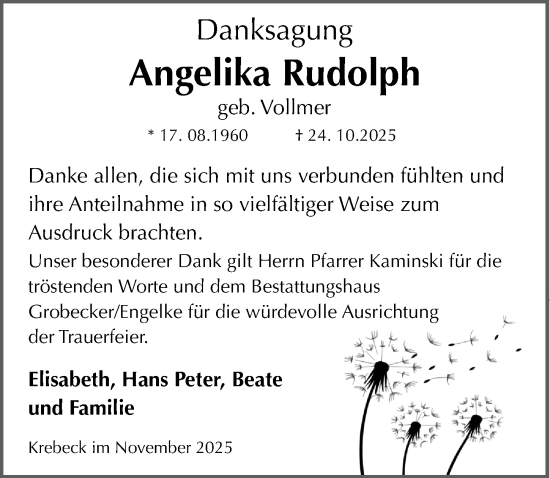 Traueranzeige von Angelika Rudolph von Eichsfelder Tageblatt
