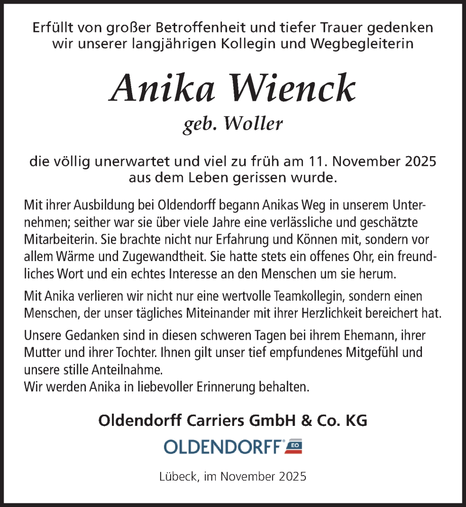  Traueranzeige für Anika Wienck vom 30.11.2025 aus Lübecker Nachrichten