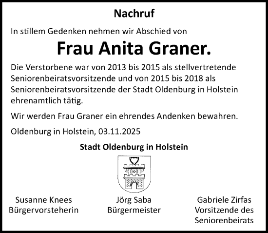 Traueranzeige von Anita Graner von Lübecker Nachrichten