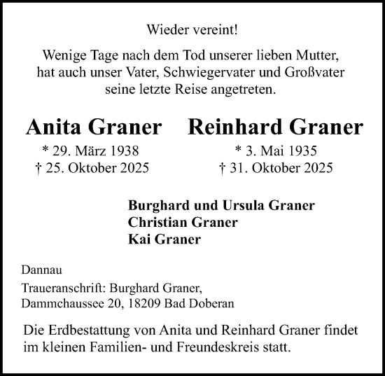 Traueranzeige von Anita Graner von Lübecker Nachrichten