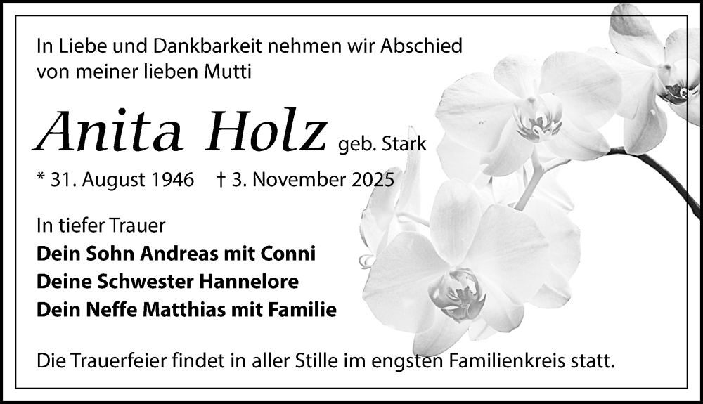  Traueranzeige für Anita Holz vom 15.11.2025 aus Wochenspiegel