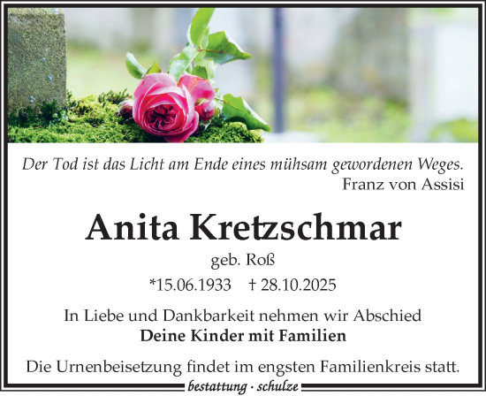 Traueranzeige von Anita Kretzschmar von Leipziger Volkszeitung
