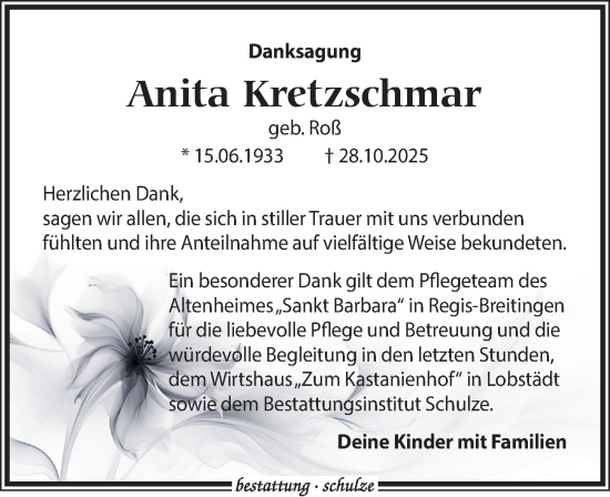 Traueranzeige von Anita Kretzschmar von Leipziger Volkszeitung
