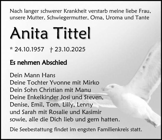 Traueranzeige von Anita Tittel von Ostsee-Zeitung GmbH