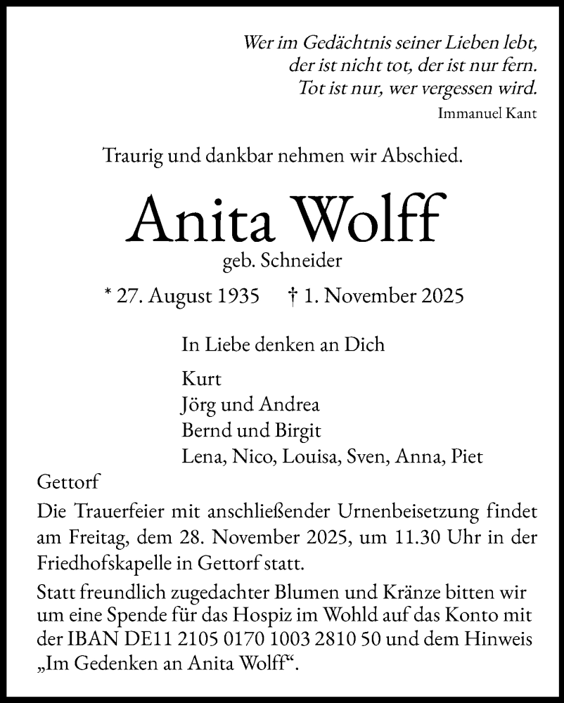  Traueranzeige für Anita Wolff vom 08.11.2025 aus Kieler Nachrichten