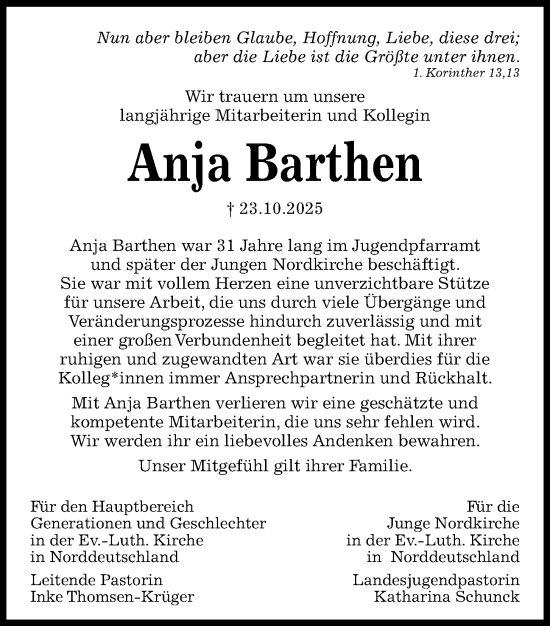 Traueranzeige von Anja Barthen von Kieler Nachrichten
