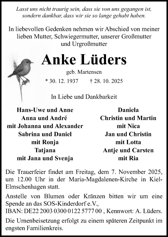Traueranzeige von Anke Lüders von Kieler Nachrichten