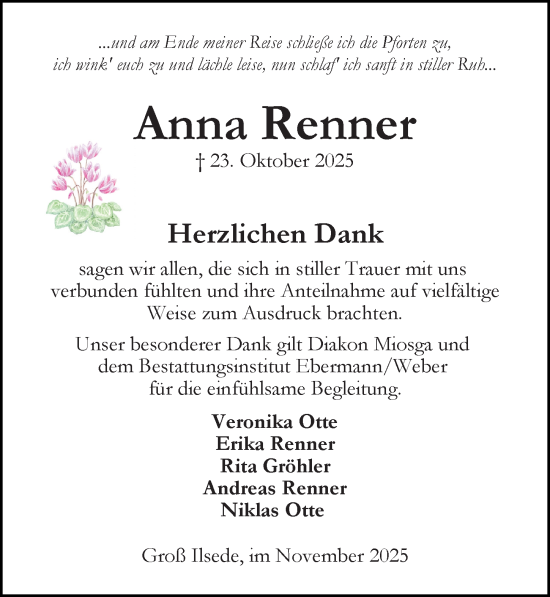 Traueranzeige von Anna Renner von Peiner Allgemeine Zeitung