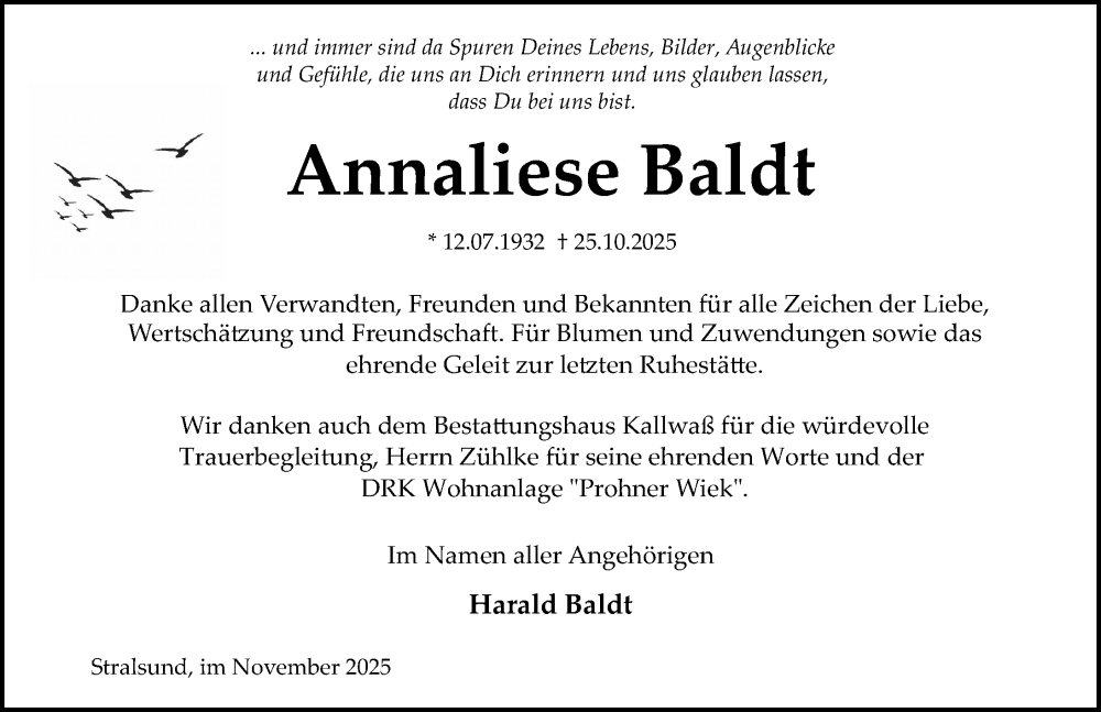  Traueranzeige für Annaliese Baldt vom 29.11.2025 aus Ostsee-Zeitung GmbH