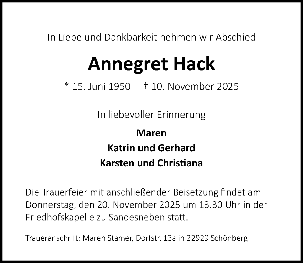  Traueranzeige für Annegret Hack vom 16.11.2025 aus Lübecker Nachrichten