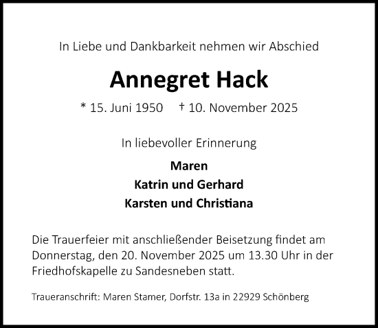 Traueranzeige von Annegret Hack von Lübecker Nachrichten