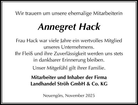 Traueranzeige von Annegret Hack von Lübecker Nachrichten