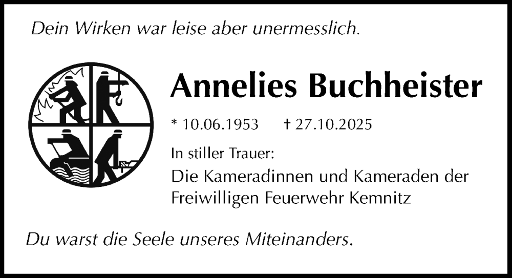  Traueranzeige für Annelies Buchheister vom 08.11.2025 aus Ostsee-Zeitung GmbH