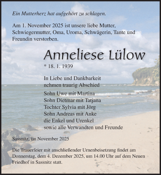 Traueranzeige von Anneliese Lülow von Ostsee-Zeitung GmbH