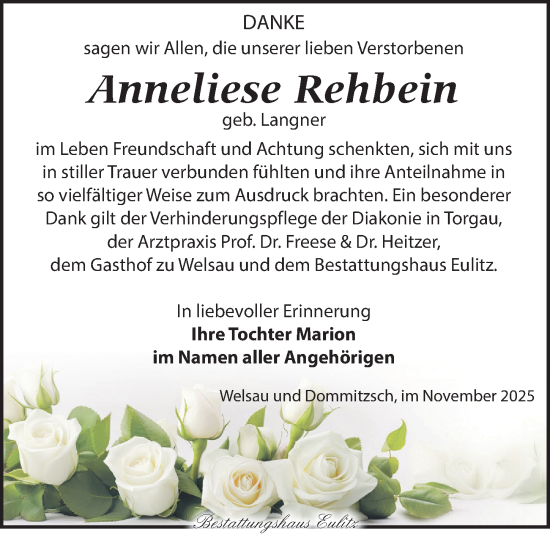 Traueranzeige von Anneliese Rehbein von Torgauer Zeitung