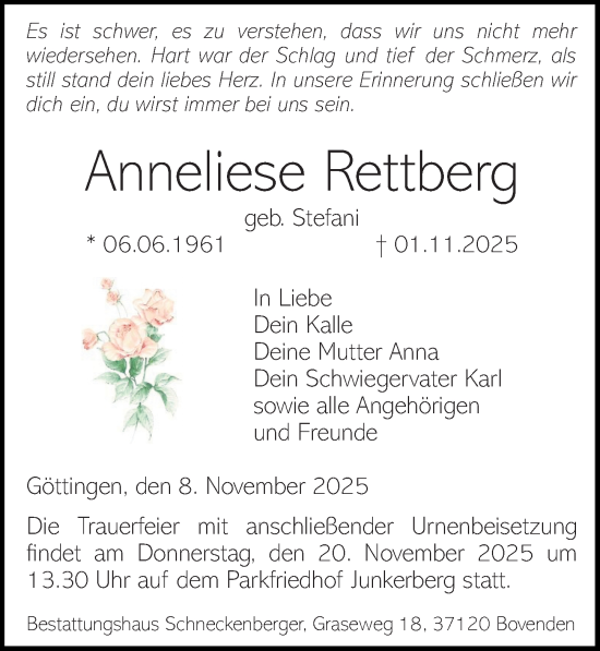 Traueranzeige von Anneliese Rettberg von Göttinger Tageblatt
