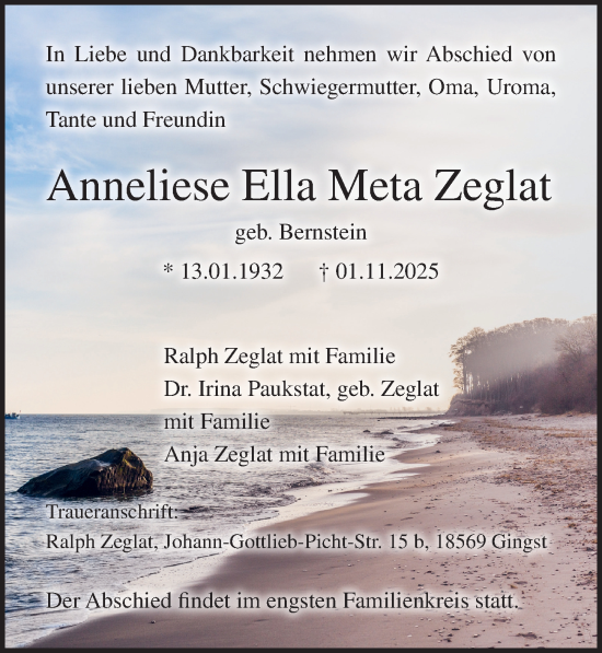 Traueranzeige von Anneliese Ella Meta Zeglat von Ostsee-Zeitung GmbH