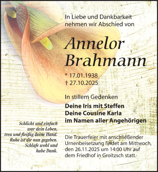 Traueranzeige von Annelor Brahmann von Leipziger Volkszeitung