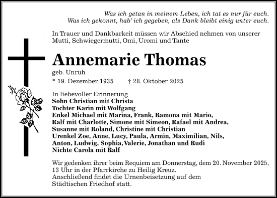 Traueranzeige von Annemarie Thomas von Sächsische Zeitung