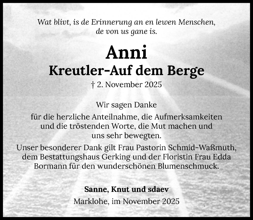  Traueranzeige für Anni Kreutler-Auf dem Berge vom 22.11.2025 aus Die Harke