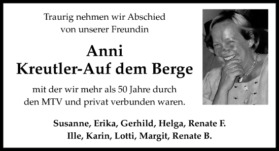 Traueranzeige von Anni Kreutler-Auf dem Berge von Die Harke